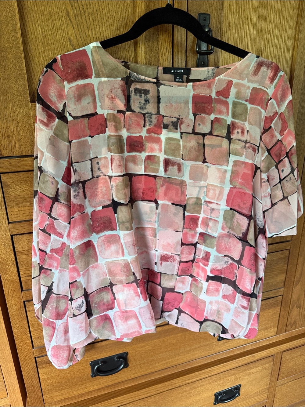 Alfani Coral & Beige Mosaic Print Blouse